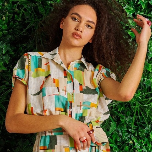 LDT Darcy Patch Print Point Collar Cap Sleeve Maxi Shirt Dress - Picture 12 of 12